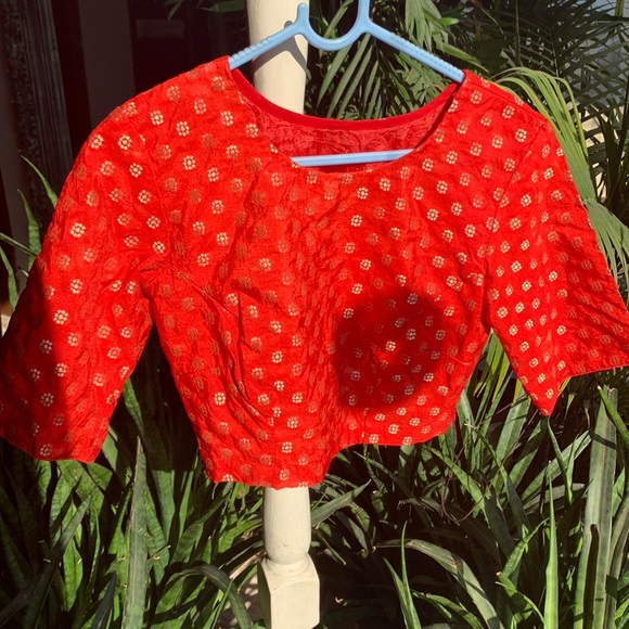 Other - FIERY RED saree blouse with golden thread work. Full back. Zips on sides.